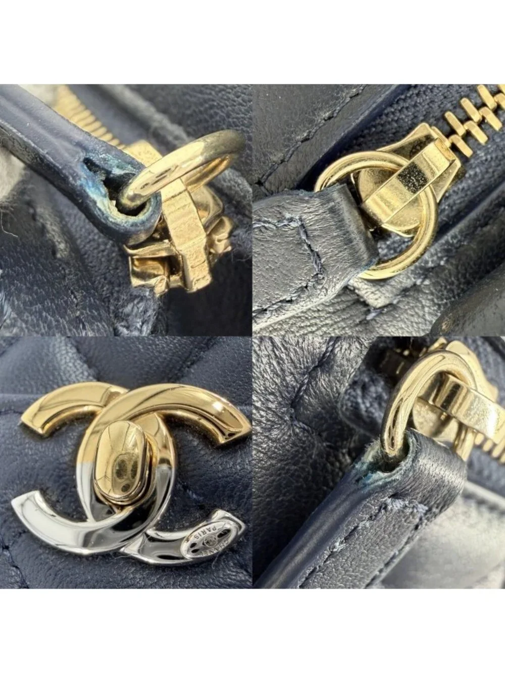 Chanel Shoulder Bag Quilted CC Logo Bag Crossbody Lambskin Navy Gold Silver